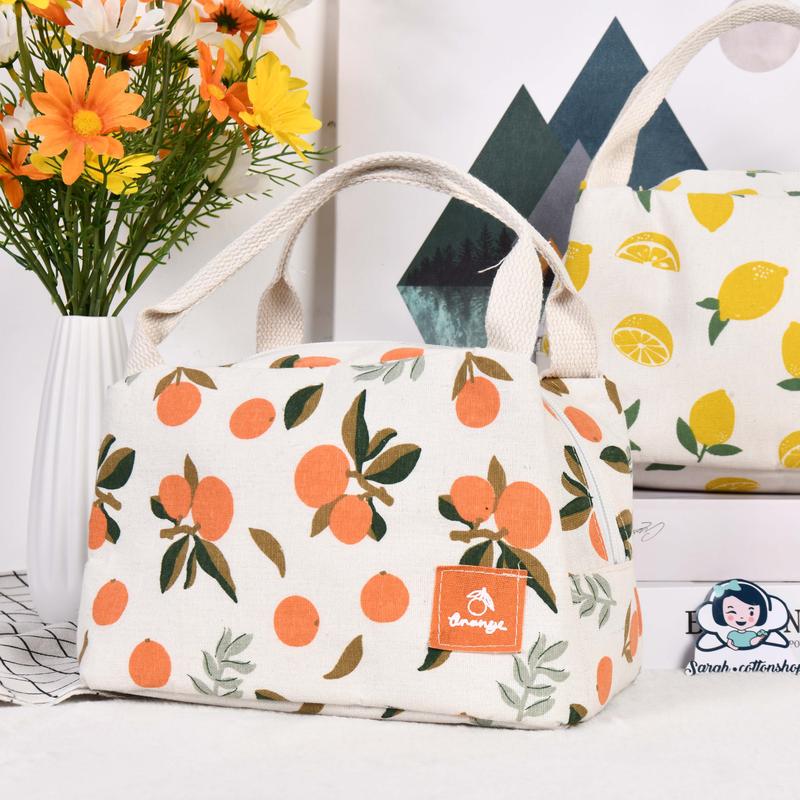 High-Capacity Canvas Insulated Lunch Bag with Orange Avocado Lemon Peach Print, Zipper Closure, and Thermal Interior Lining - Back-to-School, and Christmas Gift lunch bag