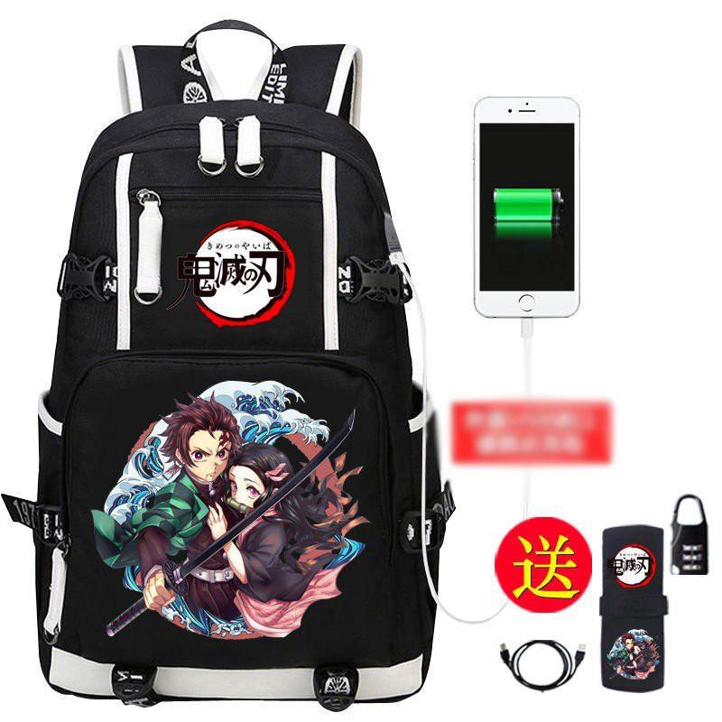 Backpack with 2 white lines printed with KIMETSU NO YAIBA THE DEVIL SWORD, gift for lover, relatives, friends, fans