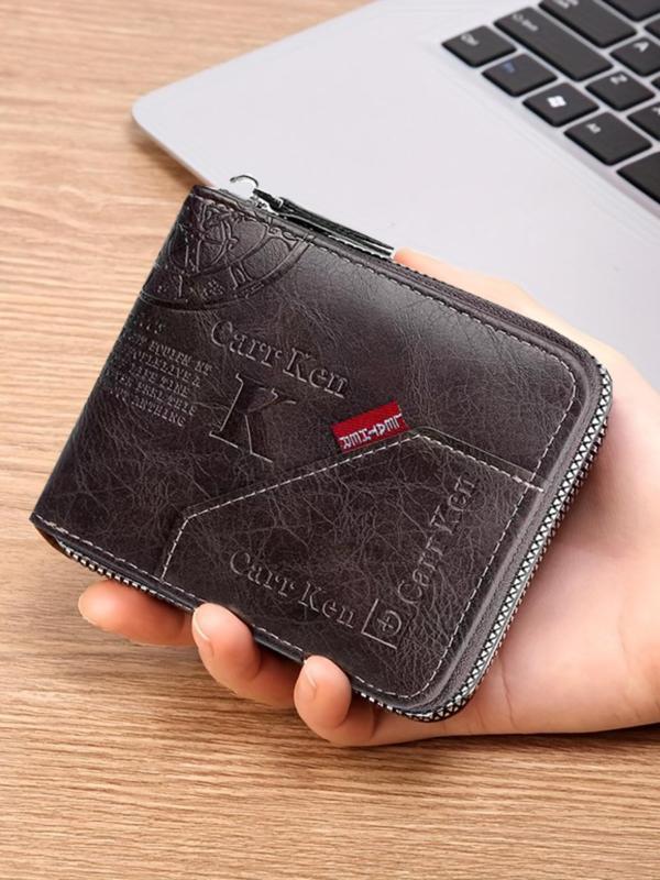 Men's Business Fashion Letter Pattern Short Wallet, 2024 New Style Casual Trendy Zipper Card Holder, Simple Style Money Saving Wallet for Daily Use