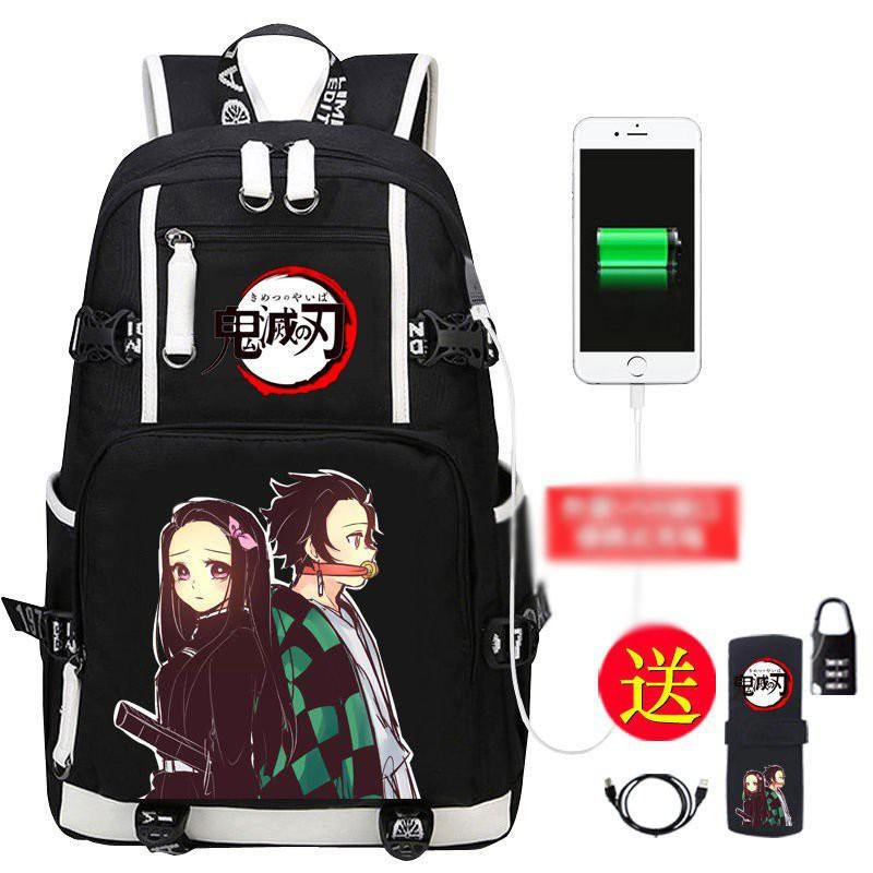 Backpack with 2 white lines printed with KIMETSU NO YAIBA THE DEVIL SWORD, gift for lover, relatives, friends, fans