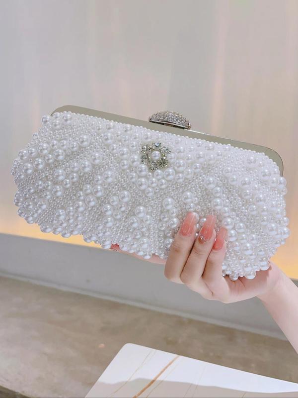 Women's Faux Pearl Decorated Evening Bag, Elegant Rhinestone Embellished Clutch for Party, Banquet