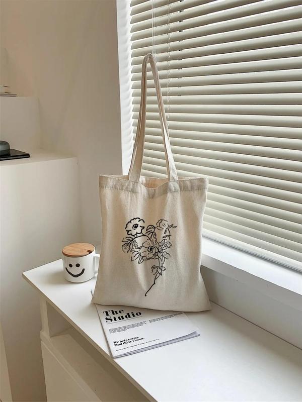 Women's Simple Floral Pattern Canvas Tote Bag, Casual Large Capacity Shoulder Bag for Daily Used, Casual Trendy Versatile High-quality Daily Commuting Bag