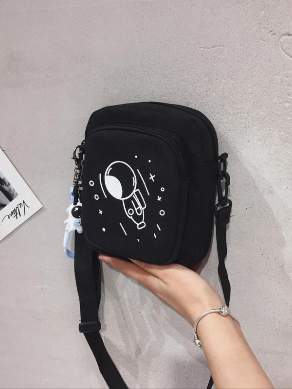 Men's Cute Cartoon Astronaut Pattern Canvas Crossbody Bag, Trendy All-match Lightweight Mini Crossbody Bag, Fashionable Bag for Daily Use