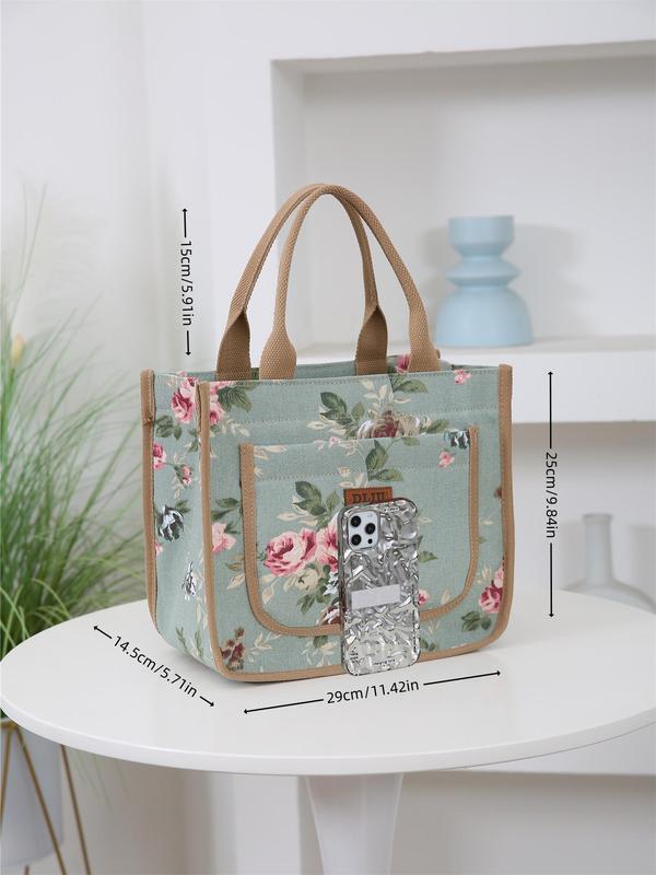 Floral Print Lunch Bag, Large Capacity Storage Bag, Fashionable Zipper Handbag for Women & Men, Casual Trendy Versatile High-quality Daily Commuting Bag