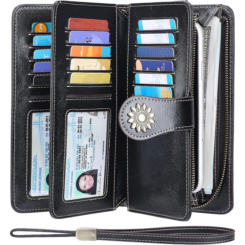 Womens Large Capacity  Leather RFID Blocking Wallets Wristlet Clutch Card Holder