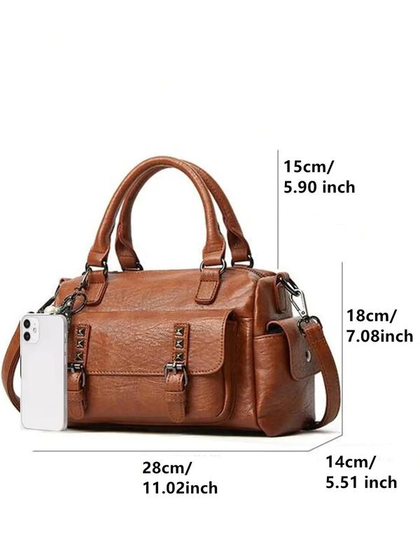 Women's Solid Color Boston Bag with Star Charm, Punk Style Large Capacity Zipper Handbag for Daily Used, Casual Trendy Versatile High-quality Daily Commuting Bag, Girl Fashionable Shopping Bag