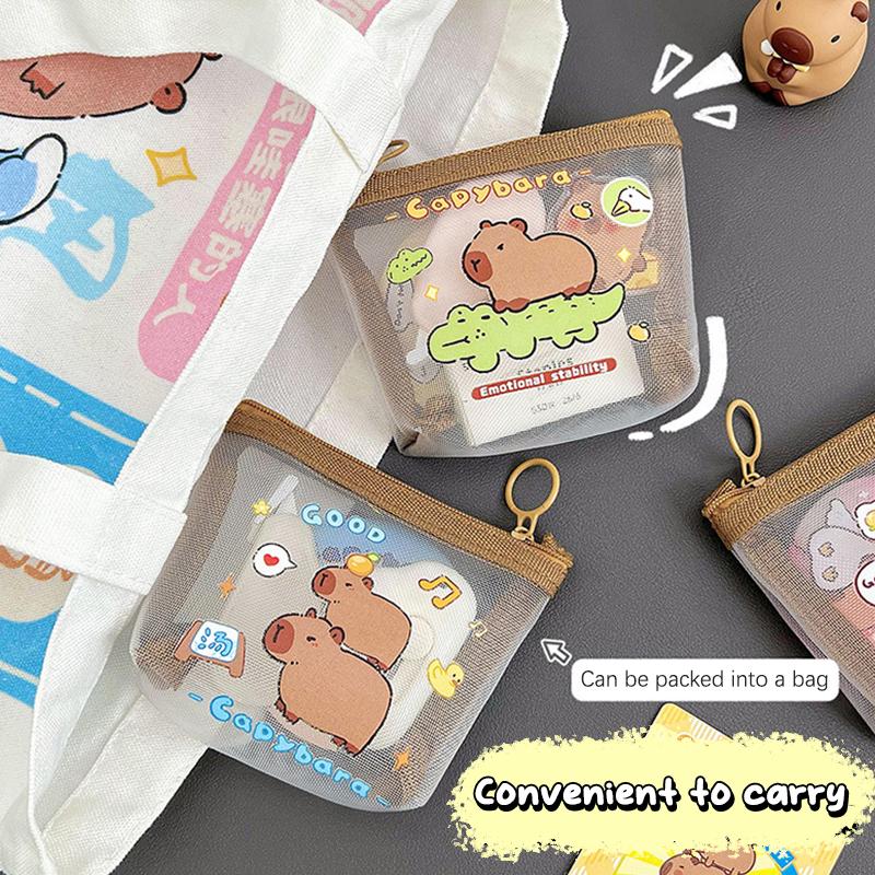 Cute Capybara Coin Storage Bag Transparent Mesh Coin Purses Cartoon Lovely Wallet Portable Waterproof Clear Zipper Bags Gifts