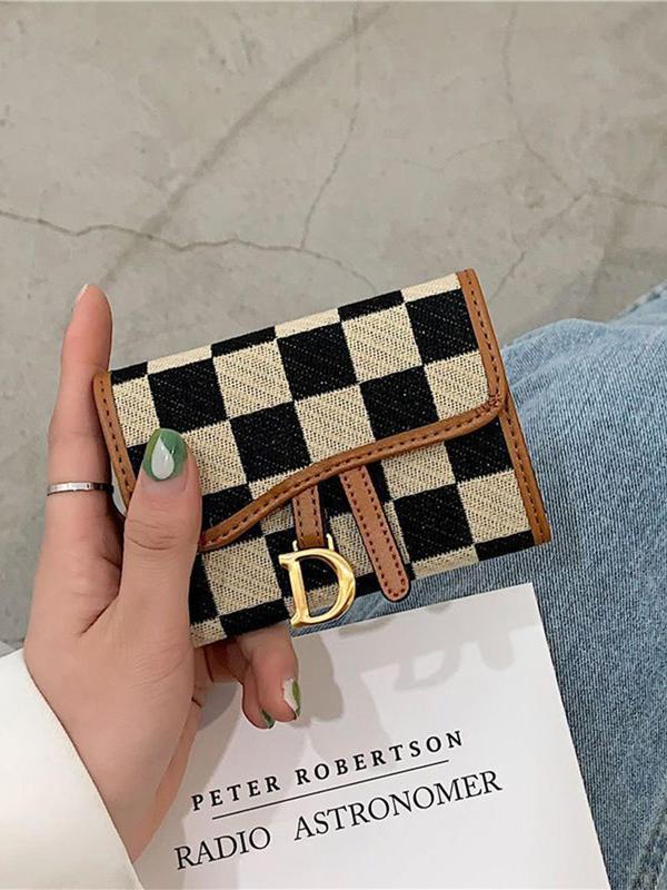 Checkerboard Pattern D Letter Design Card Holder, Elegant Short Wallet for Women & Girls, Trendy All-match & Exquisite Card Holder for Birthday & Fall Gift