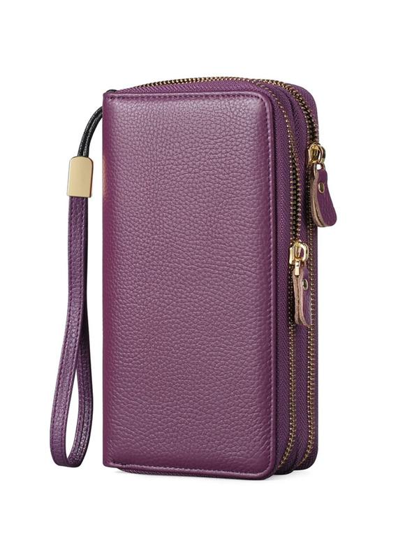 Genuine Leather Women's Solid Color Leather Long Wallet As Gift, Fashionable RFID Blocking Zipper Wristlet Handbag for Daily Used Daily Wallet for Women