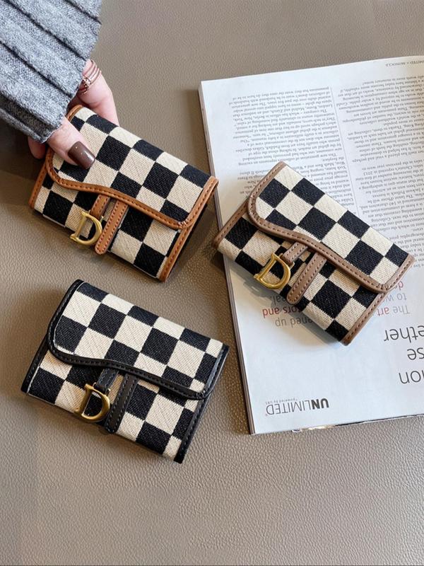 Checkerboard Pattern D Letter Design Card Holder, Elegant Short Wallet for Women & Girls, Trendy All-match & Exquisite Card Holder for Birthday & Fall Gift