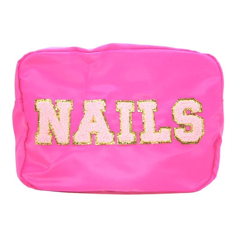 Sparkle & Co. Pink & Gold NAILS Cosmetic Bag Large Varsity Lettering Zipper Pouch Storage For Nail Supplies