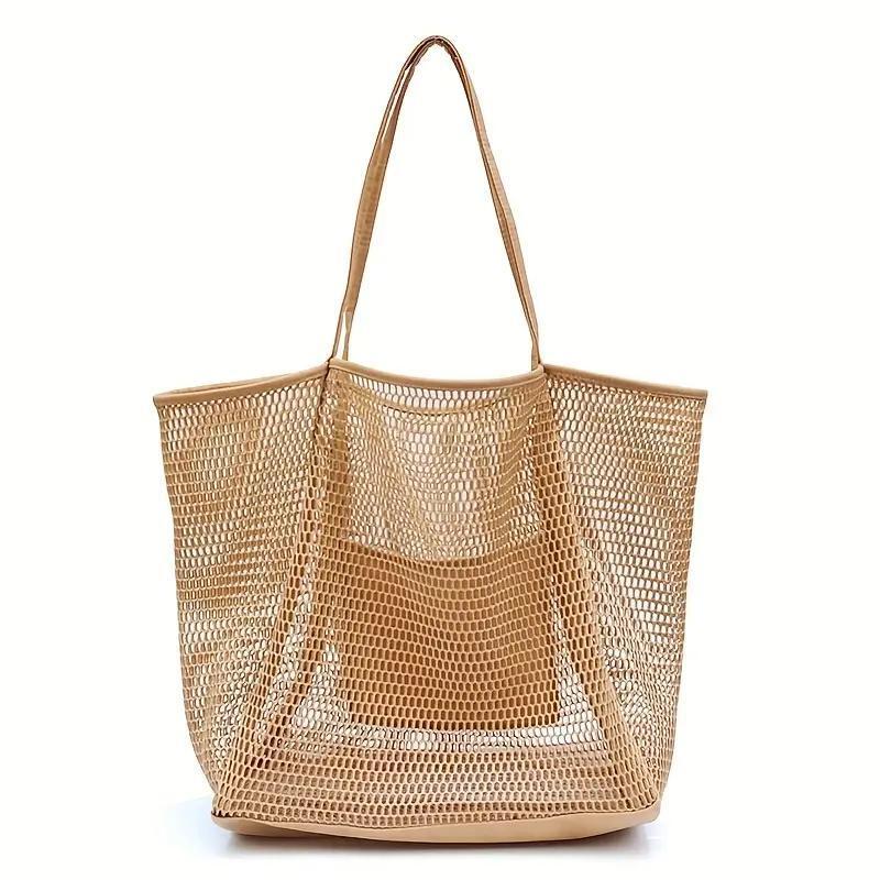 Mesh Swimming Storage Bag, Solid Color Foldable & Lightweight Shoulder Tote Bag, Outdoor Storage Bag for Swimming Beach