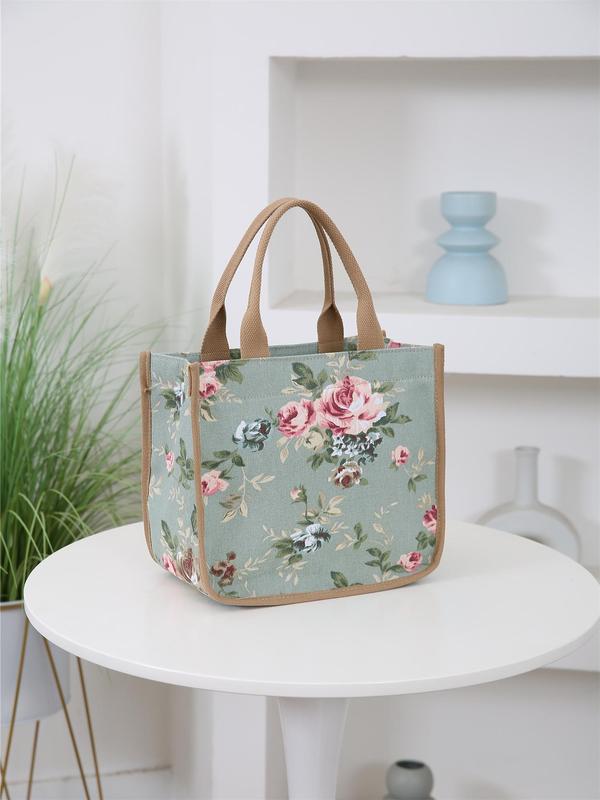 Floral Print Lunch Bag, Large Capacity Storage Bag, Fashionable Zipper Handbag for Women & Men, Casual Trendy Versatile High-quality Daily Commuting Bag