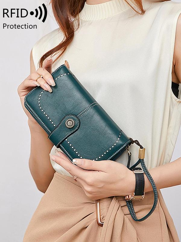 Women's Elegant Solid Color Long Wallet with Wrist Strap, Multi-functional Rfid Protection Zipper Wallet, Large Capacity Wallet for Daily Use,  Everyday Purse