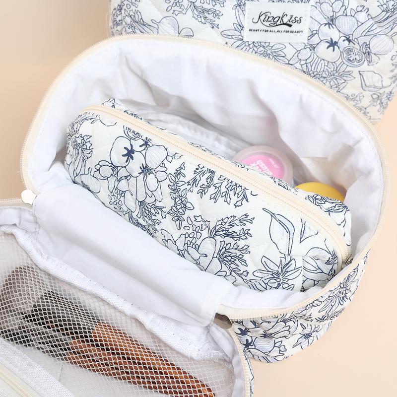 3 Piece Floral Cotton Quilted Makeup Bag Set - Spacious Toiletry Travel Organizer for Women Cute Cosmetic Bag, Perfect for Daily Use and Travel