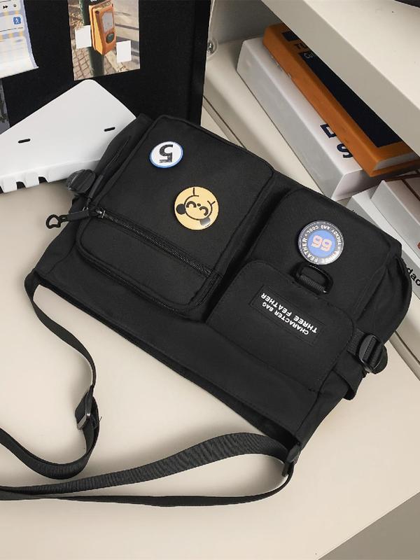 Trendy Tote Bag, Multi-pocket Zipper Messenger Bag with Badge & Space Charm, Stylish Patched Design Adjustable Strap Crossbody Tote Bag for Men