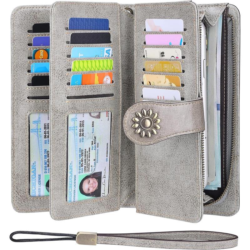 Womens Large Capacity  Leather RFID Blocking Wallets Wristlet Clutch Card Holder