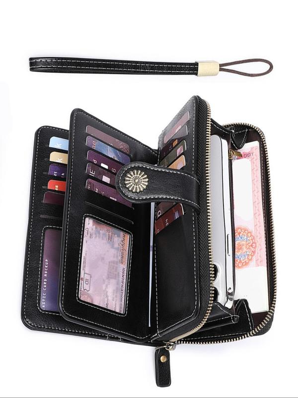 Women's Simple Style Plain Color Long Wallet with Card Slots, Casual Trendy Versatile Id Window Zipper Wallet with Wrist Strap, Fashionable Pu Leather Wallet for Daily Use