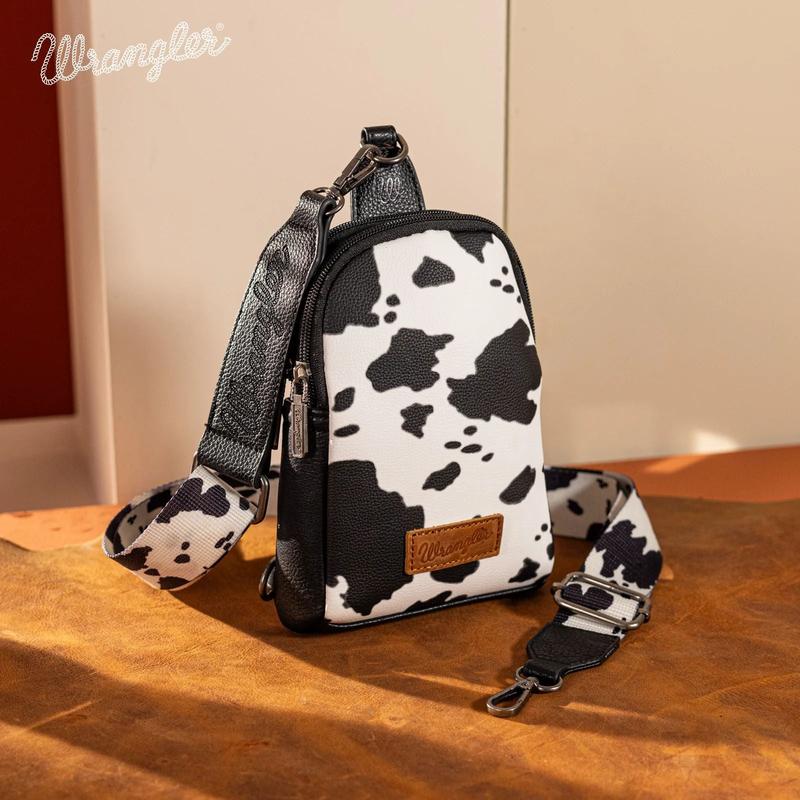 Wrangler Cow Print Crossbody Sling Chest Bag with Dual Zippered Compartment