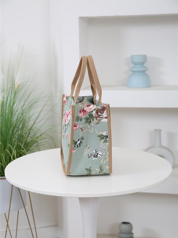 Floral Print Lunch Bag, Large Capacity Storage Bag, Fashionable Zipper Handbag for Women & Men, Casual Trendy Versatile High-quality Daily Commuting Bag