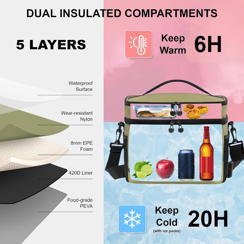 Small Lunch Box Insulated Cooler Bag Mini Cooler 24 Can Soft Sided Lunch Bag for Men Women Ice Chest Double Deck Portable Personal Collapsible Waterproof Leak-Proof for Travel Car, Green Moss