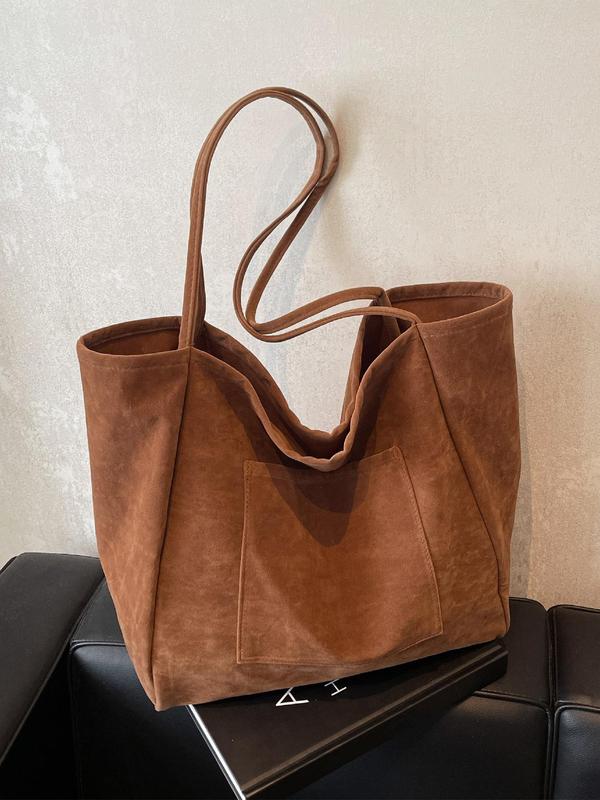 Women's Solid Color Suede Tote Bag, Large Capacity Shoulder Bag for Work & Daily Used, Casual Trendy Versatile High-quality Daily Commuting Bag, Girl Fashionable Shopping Bag