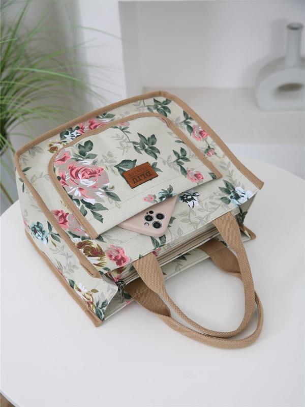 Floral Print Lunch Bag, Large Capacity Storage Bag, Fashionable Zipper Handbag for Women & Men, Casual Trendy Versatile High-quality Daily Commuting Bag