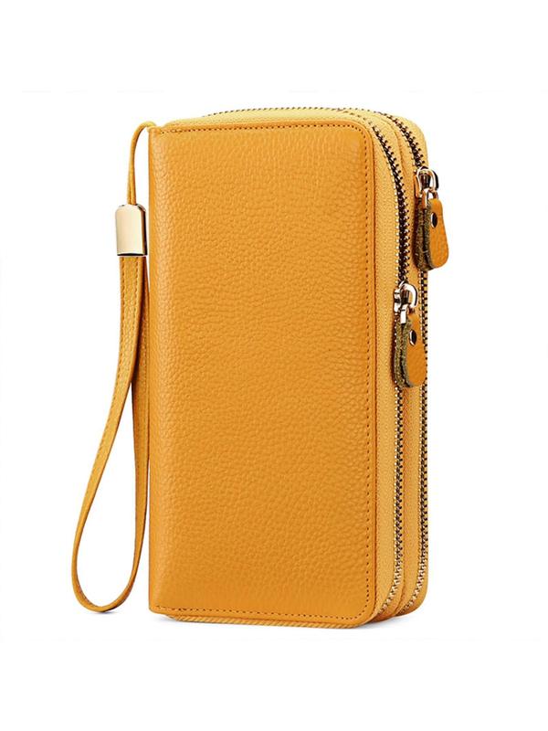 Genuine Leather Women's Solid Color Leather Long Wallet As Gift, Fashionable RFID Blocking Zipper Wristlet Handbag for Daily Used Daily Wallet for Women