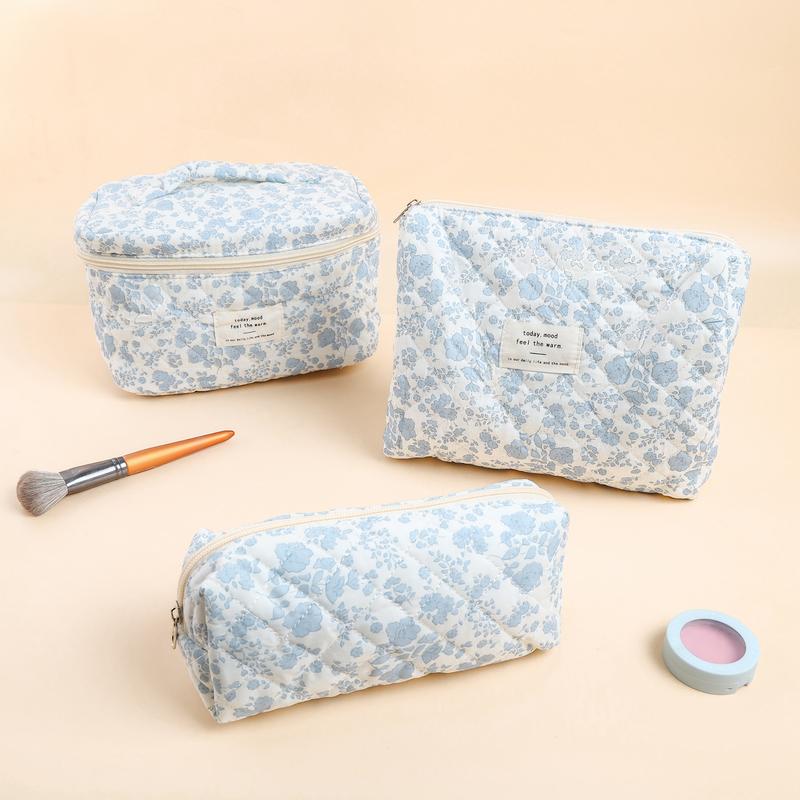 3 Piece Floral Cotton Quilted Makeup Bag Set - Spacious Toiletry Travel Organizer for Women Cute Cosmetic Bag, Perfect for Daily Use and Travel