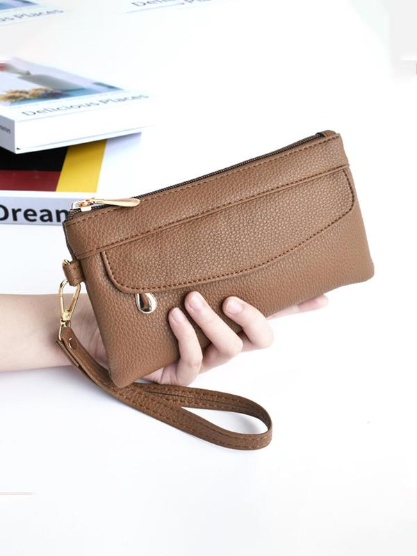 Women's Elegant Textured PU Leather Clutch with Wristlet Strap, Simple Soft Portable Wallet for Shopping and Commuting, Casual Trendy Versatile High-quality Daily Wallet