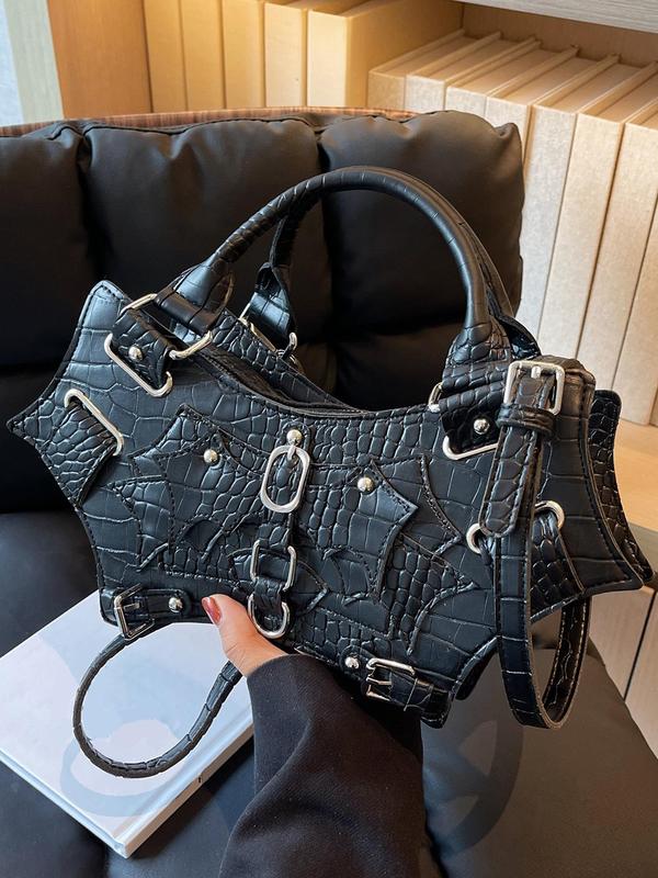 Summer Punk Goth Style Solid Color Rivet Decor Baguette Grunge Bag, New Fashion PU Underarm Bag & Handbag, All-match Commuter Bag for Work & Daily & Back To School