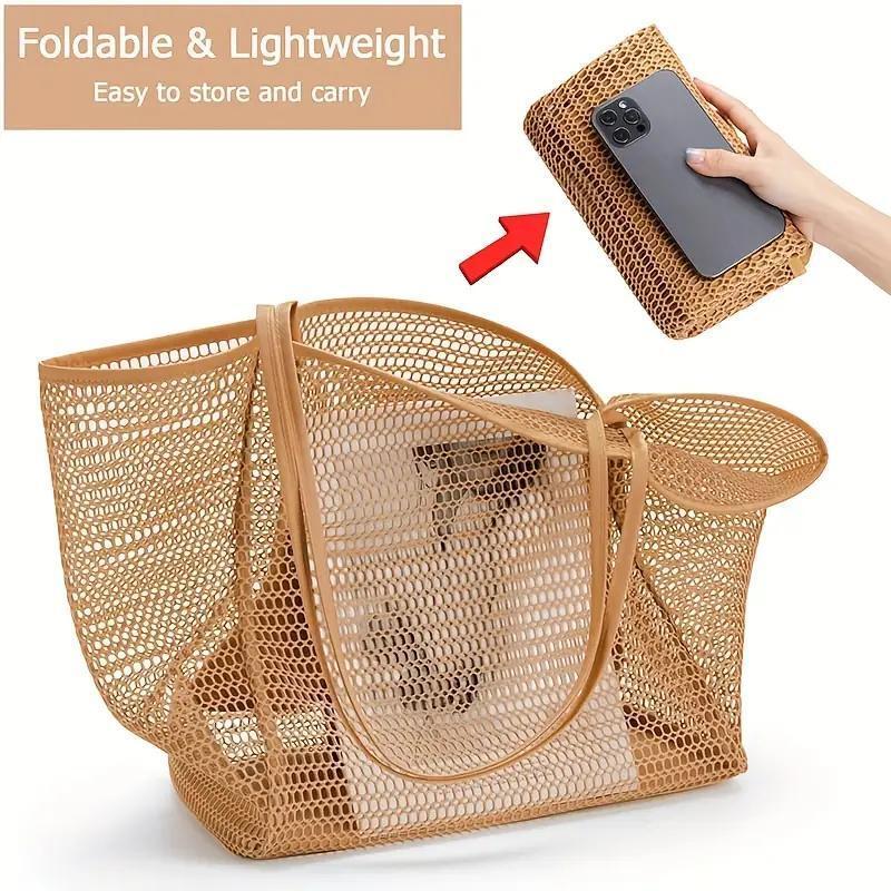 Mesh Swimming Storage Bag, Solid Color Foldable & Lightweight Shoulder Tote Bag, Outdoor Storage Bag for Swimming Beach