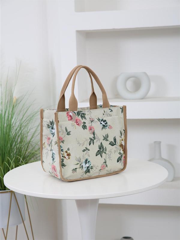 Floral Print Lunch Bag, Large Capacity Storage Bag, Fashionable Zipper Handbag for Women & Men, Casual Trendy Versatile High-quality Daily Commuting Bag