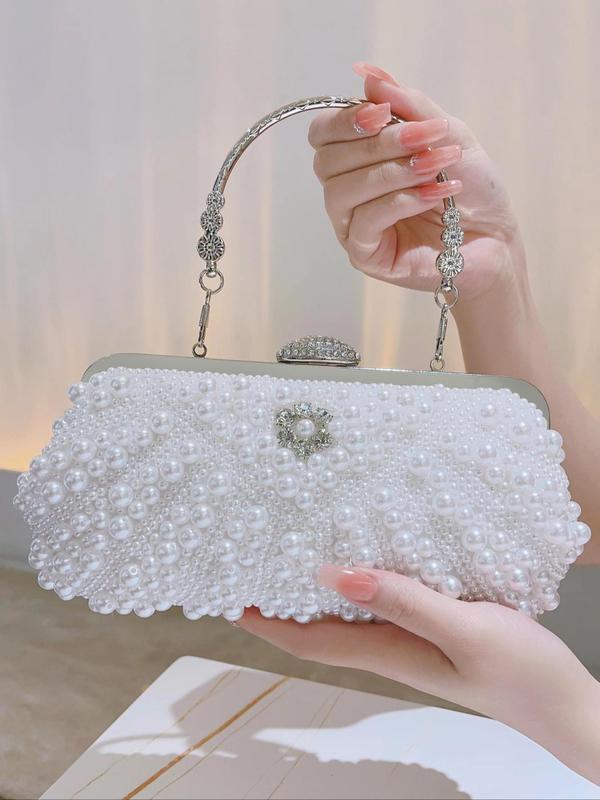 Women's Faux Pearl Decorated Evening Bag, Elegant Rhinestone Embellished Clutch for Party, Banquet