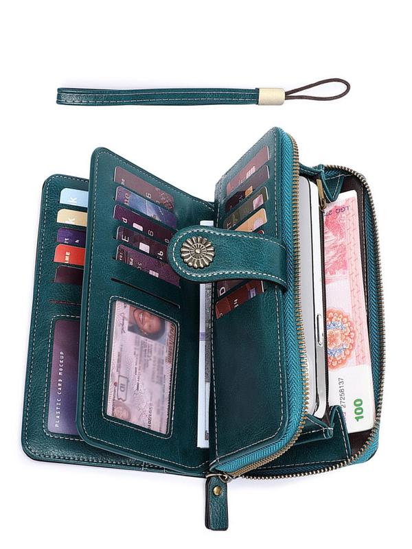 Women's Simple Style Plain Color Long Wallet with Card Slots, Casual Trendy Versatile Id Window Zipper Wallet with Wrist Strap, Fashionable Pu Leather Wallet for Daily Use