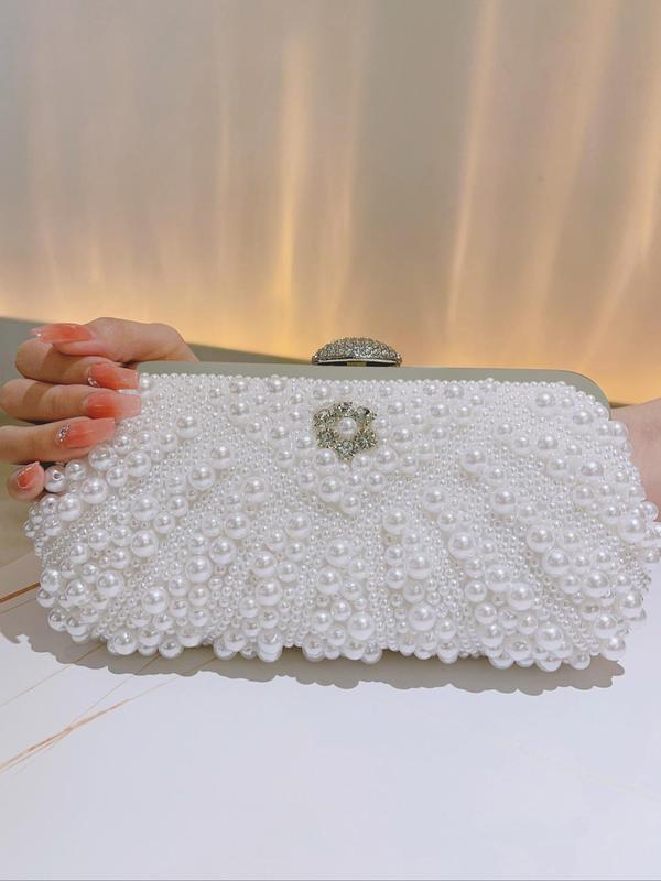 Women's Faux Pearl Decorated Evening Bag, Elegant Rhinestone Embellished Clutch for Party, Banquet