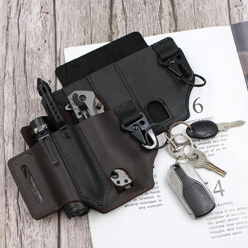 Multitool Sheath for Belt, Leather EDC Pocket Organizer for Men, Leatherman Sheath with Pen Holder, Key Fob, Flashlight Sheath, EDC Leather Pouch Brown