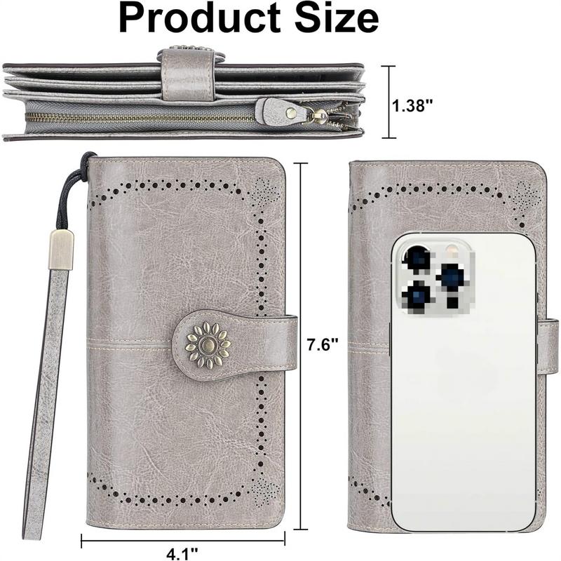 Womens Large Capacity  Leather RFID Blocking Wallets Wristlet Clutch Card Holder