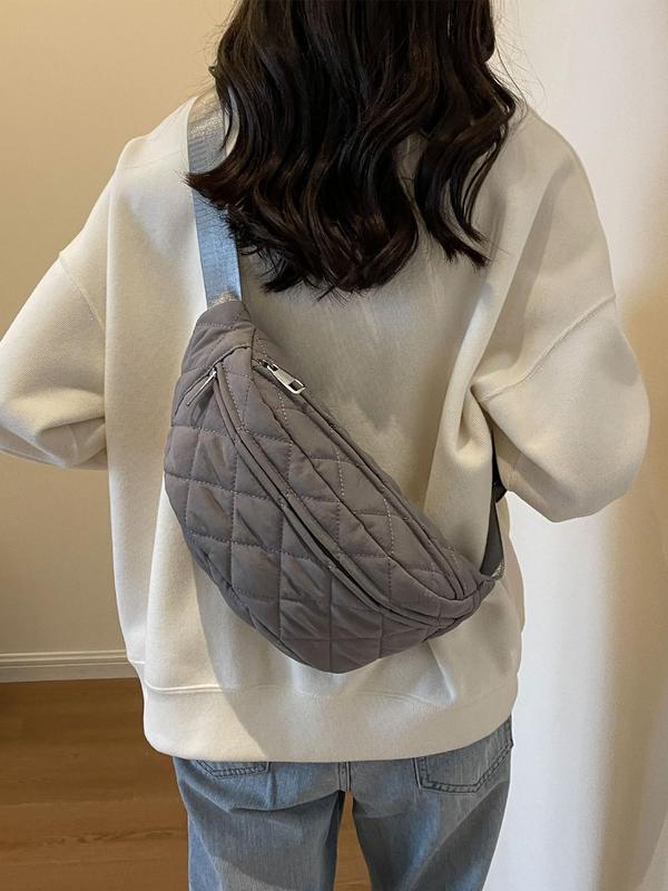 Women's Solid Color Quilted Fanny Pack, Fashionable Argyle Embossed Zipper Chest Bag for Daily Used, Casual Trendy Versatile High-quality Daily Commuting Bag