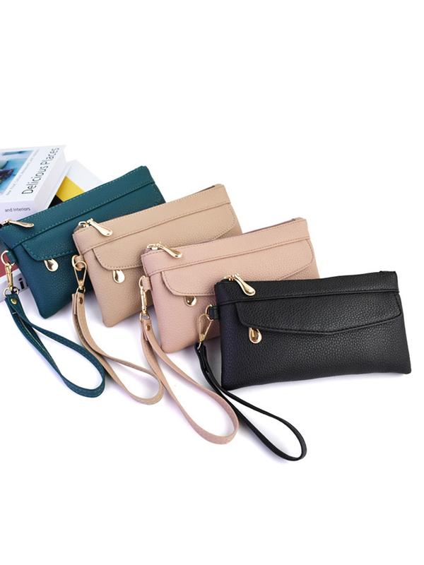 Women's Elegant Textured PU Leather Clutch with Wristlet Strap, Simple Soft Portable Wallet for Shopping and Commuting, Casual Trendy Versatile High-quality Daily Wallet