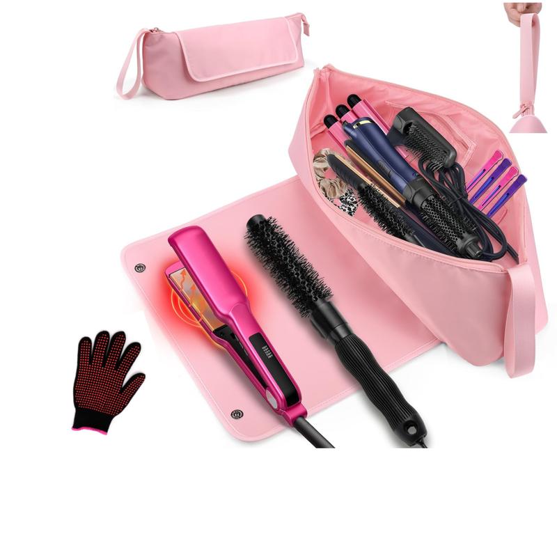 Hair Tools Travel Bag Heat Resistant Mat 2 in 1 Heat Resistant Glove Hair Styling Accessory Organizer and Heat Resistant Mat Haircare Accessories Travel Carrying Case for Straightener Curling Iron Hair Dryer, Portable Organizer Portable Cosmetic