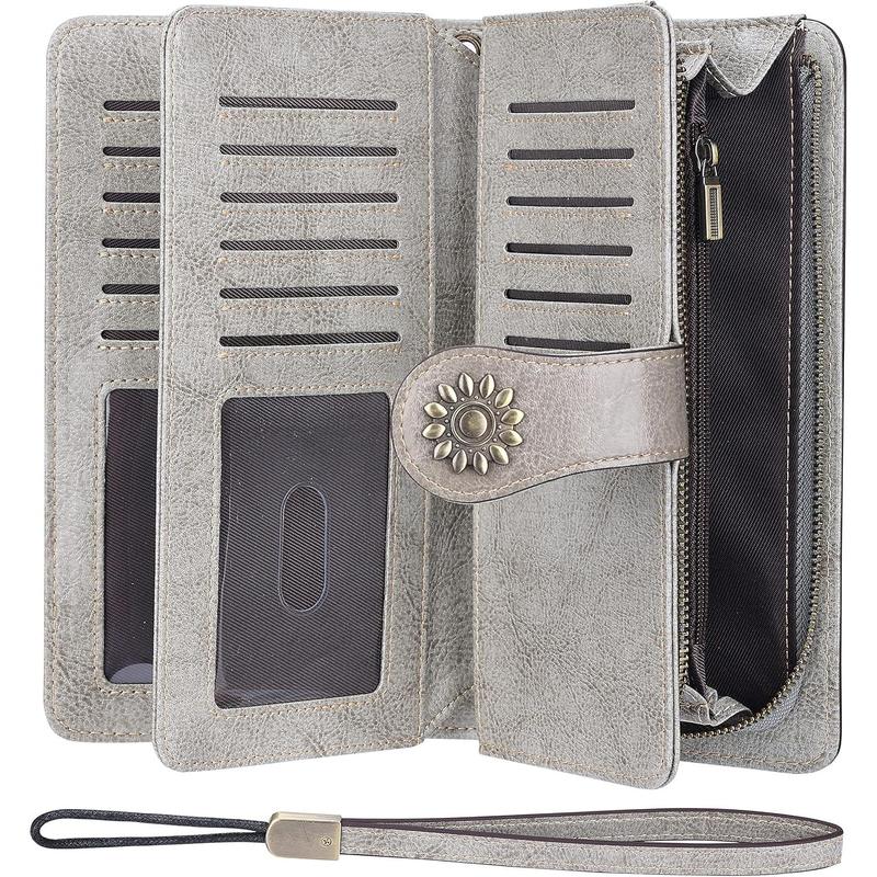 Womens Large Capacity  Leather RFID Blocking Wallets Wristlet Clutch Card Holder