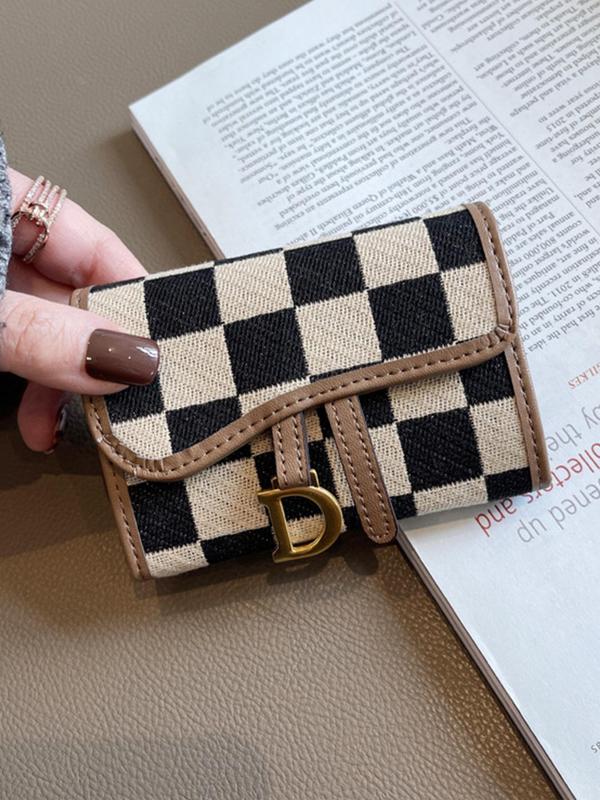 Checkerboard Pattern D Letter Design Card Holder, Elegant Short Wallet for Women & Girls, Trendy All-match & Exquisite Card Holder for Birthday & Fall Gift