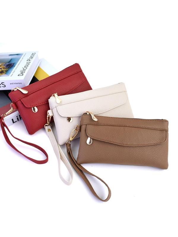 Women's Elegant Textured PU Leather Clutch with Wristlet Strap, Simple Soft Portable Wallet for Shopping and Commuting, Casual Trendy Versatile High-quality Daily Wallet