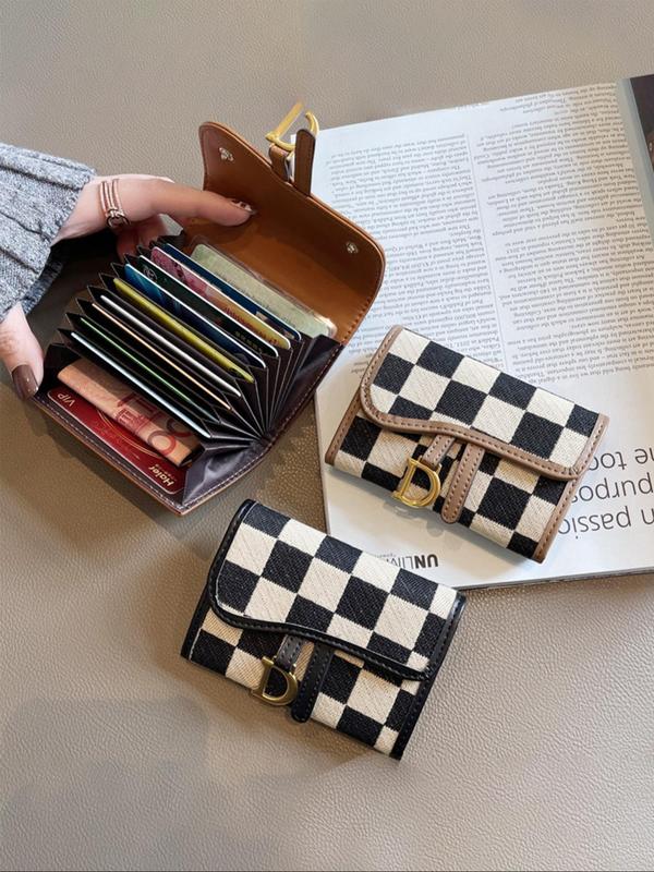 Checkerboard Pattern D Letter Design Card Holder, Elegant Short Wallet for Women & Girls, Trendy All-match & Exquisite Card Holder for Birthday & Fall Gift