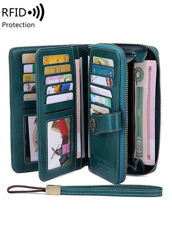 Women's Elegant Solid Color Long Wallet with Wrist Strap, Multi-functional Rfid Protection Zipper Wallet, Large Capacity Wallet for Daily Use,  Everyday Purse