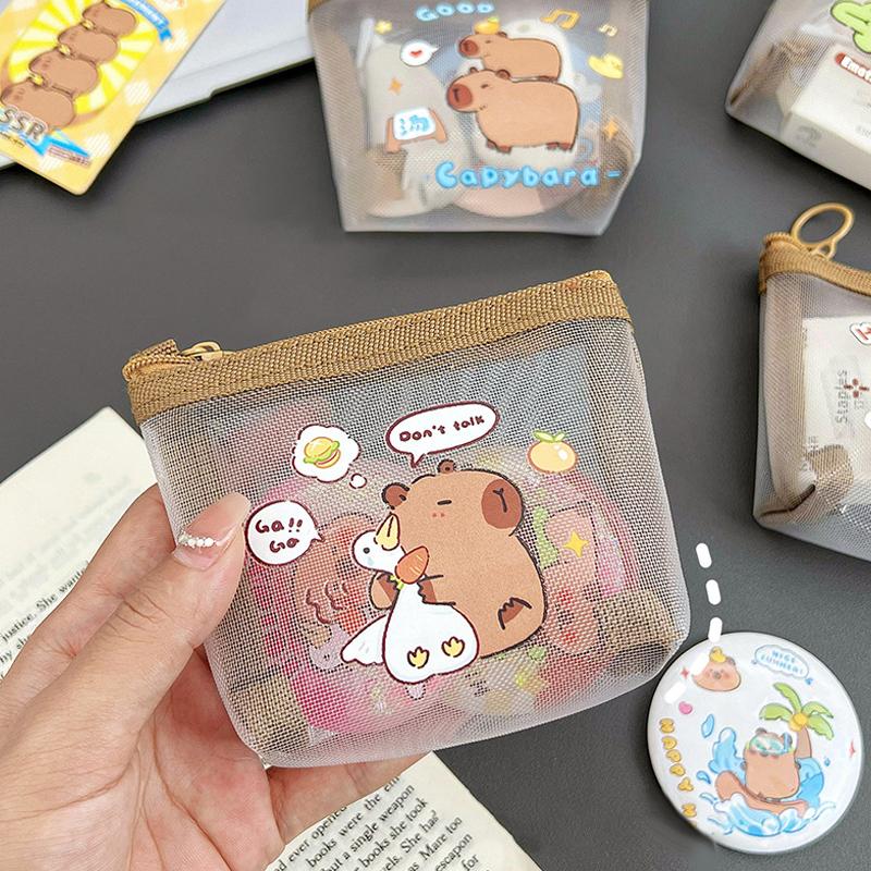 Cute Capybara Coin Storage Bag Transparent Mesh Coin Purses Cartoon Lovely Wallet Portable Waterproof Clear Zipper Bags Gifts