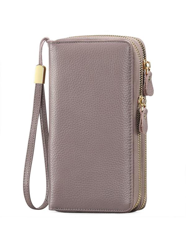 Genuine Leather Women's Solid Color Leather Long Wallet As Gift, Fashionable RFID Blocking Zipper Wristlet Handbag for Daily Used Daily Wallet for Women