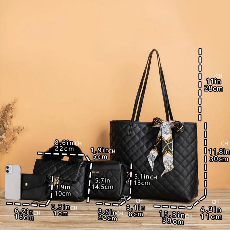 4pcs set Women's Fashion Rhombus Quilted Pasual StuBer ide Strap restatiy Bag, Cute Plush Clutch Chain Small Square Bag, Simple Small Wallet Set, Perfect for Office, work ,business, commute Best Work Bag