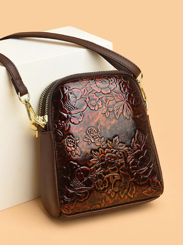 Women's Fashion Flower Embossed Decor Crossbody Bag, Casual PU Leather Shoulder Bag for Daily Used, Trendy Versatile High-quality Daily Commuting Bag